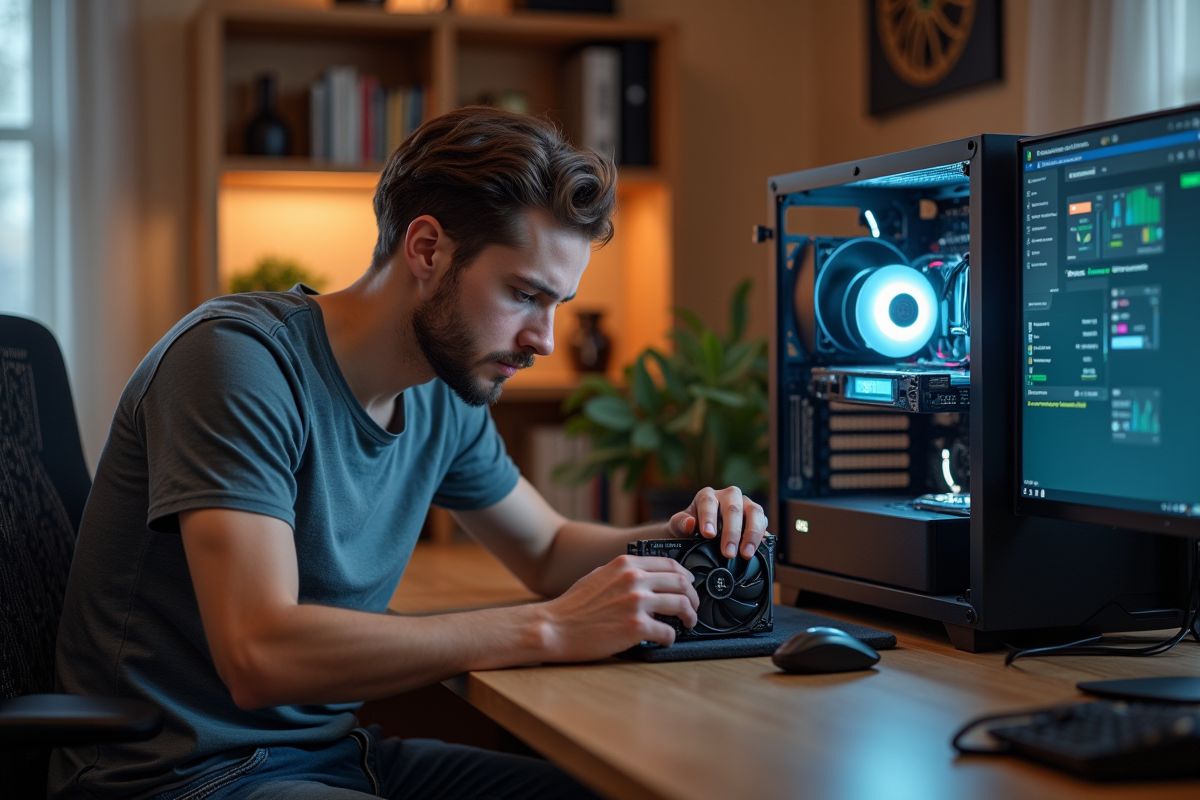 Jeune homme concentré assemble un GPU dans un bureau moderne