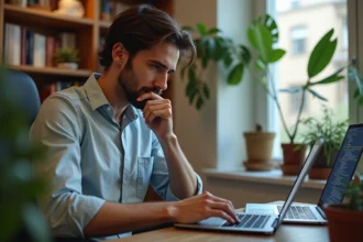 Jeune homme en code sur deux laptops dans un bureau cosy