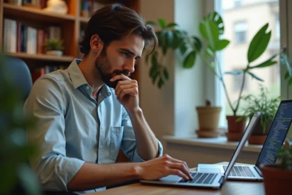 Jeune homme en code sur deux laptops dans un bureau cosy