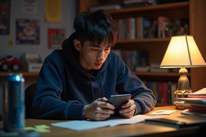 Jeune homme concentré jouant sur une Game Boy Advance à son bureau encombré, ambiance chambre de gamer nostalgique
