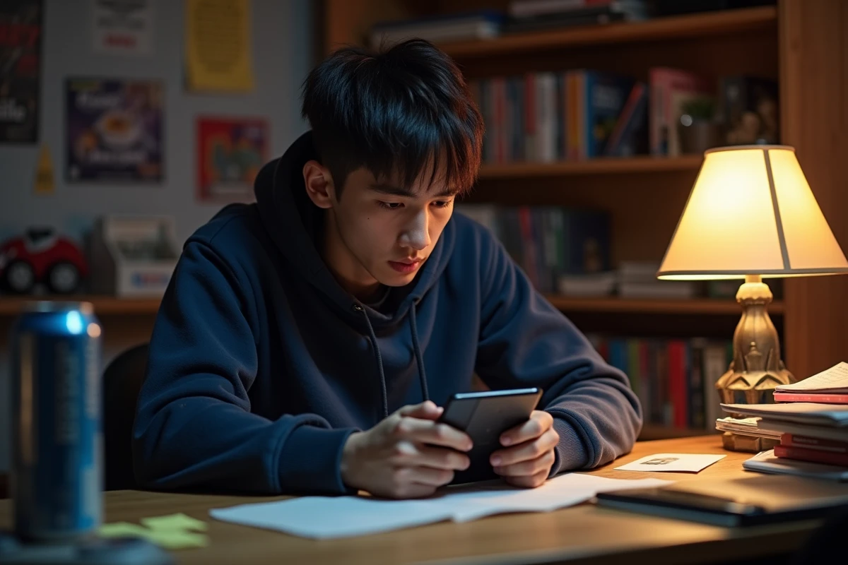 Jeune homme concentré jouant sur une Game Boy Advance à son bureau encombré, ambiance chambre de gamer nostalgique