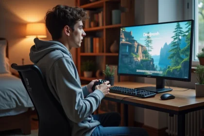 Jeune homme avec manette Switch Prostyle devant son PC