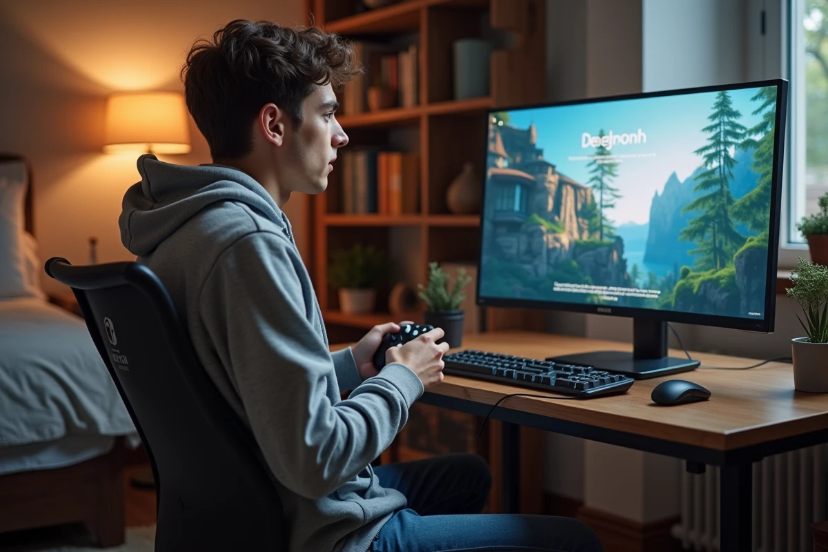 Jeune homme avec manette Switch Prostyle devant son PC