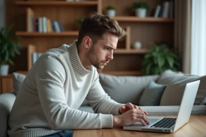 Jeune homme regardant une box internet avec message d'erreur