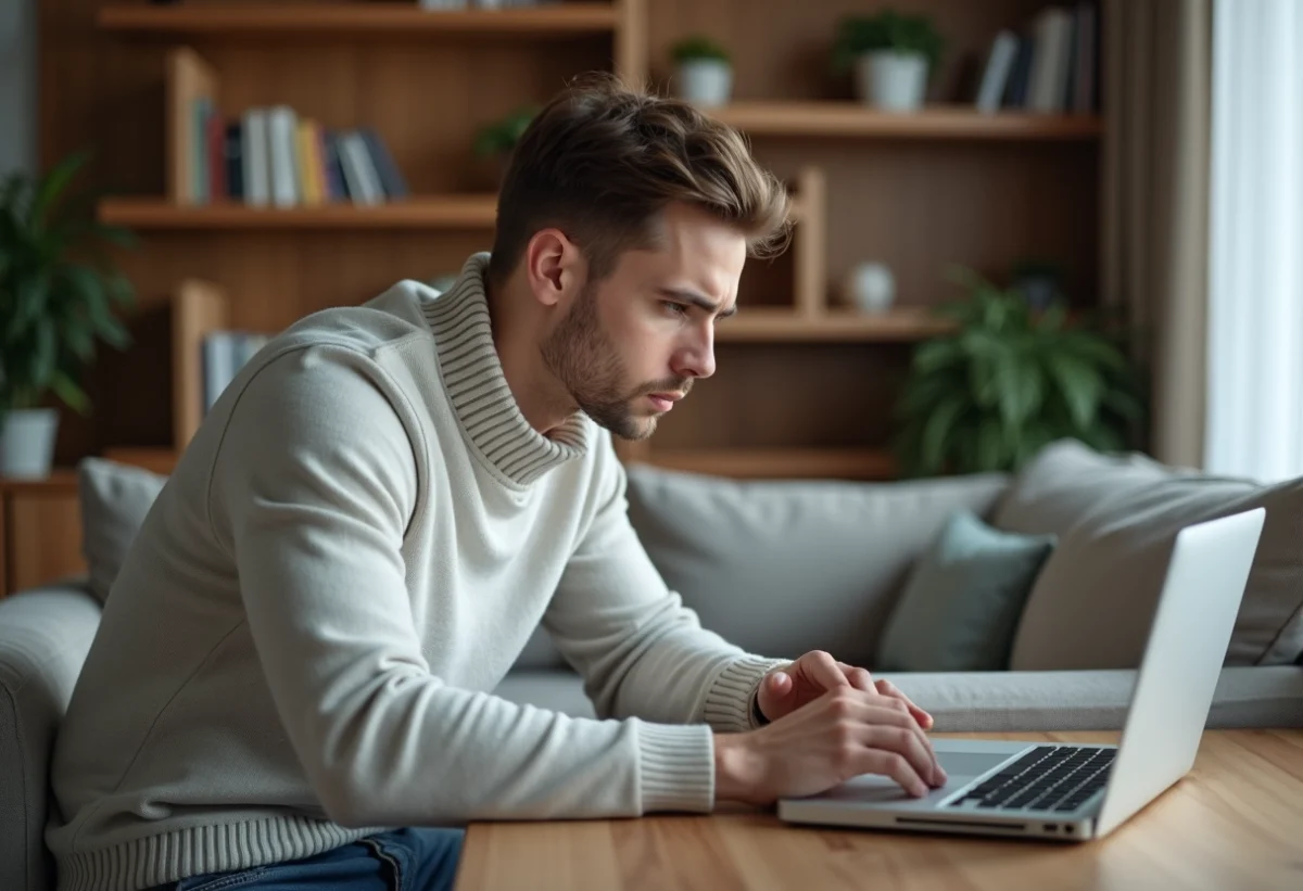 Jeune homme regardant une box internet avec message d'erreur