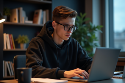 Jeune homme en hoodie noir travaillant sur son ordinateur dans un bureau moderne