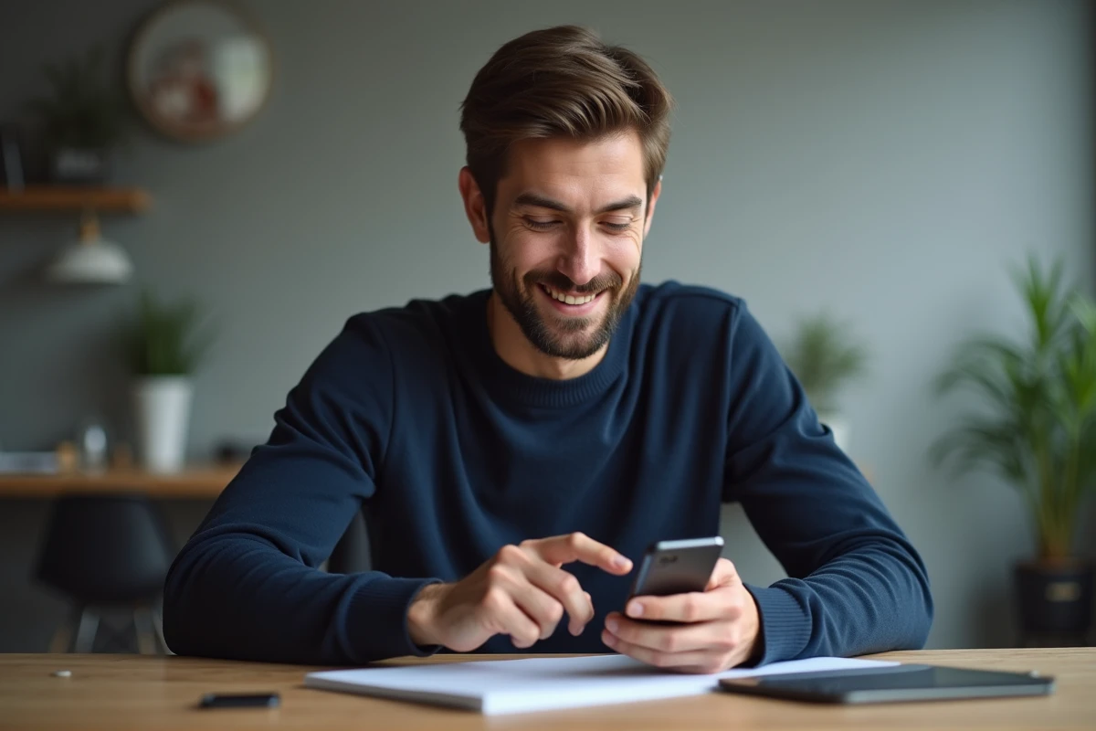 Jeune homme concentré utilisant son smartphone dans un intérieur moderne