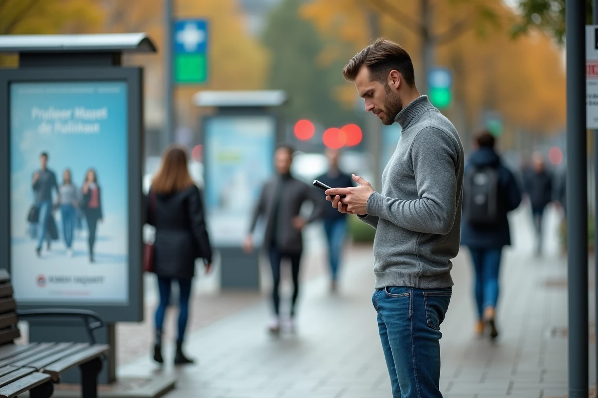 Jeune homme utilisant son smartphone à un arrêt de bus