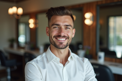 Jeune homme confiant avec coupe taper dans un barbershop moderne
