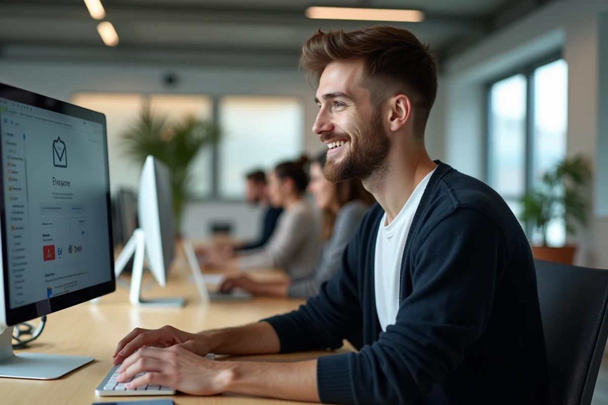 Jeune homme triant ses mails dans un espace de coworking