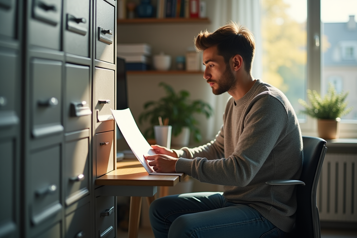 Jeune homme vérifiant un dossier dans un bureau lumineux