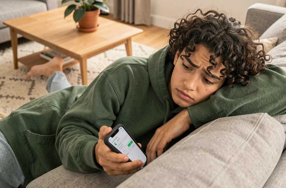 Jeune personne allongée sur un canapé cherchant comment accéder à la corbeille sur son iPhone