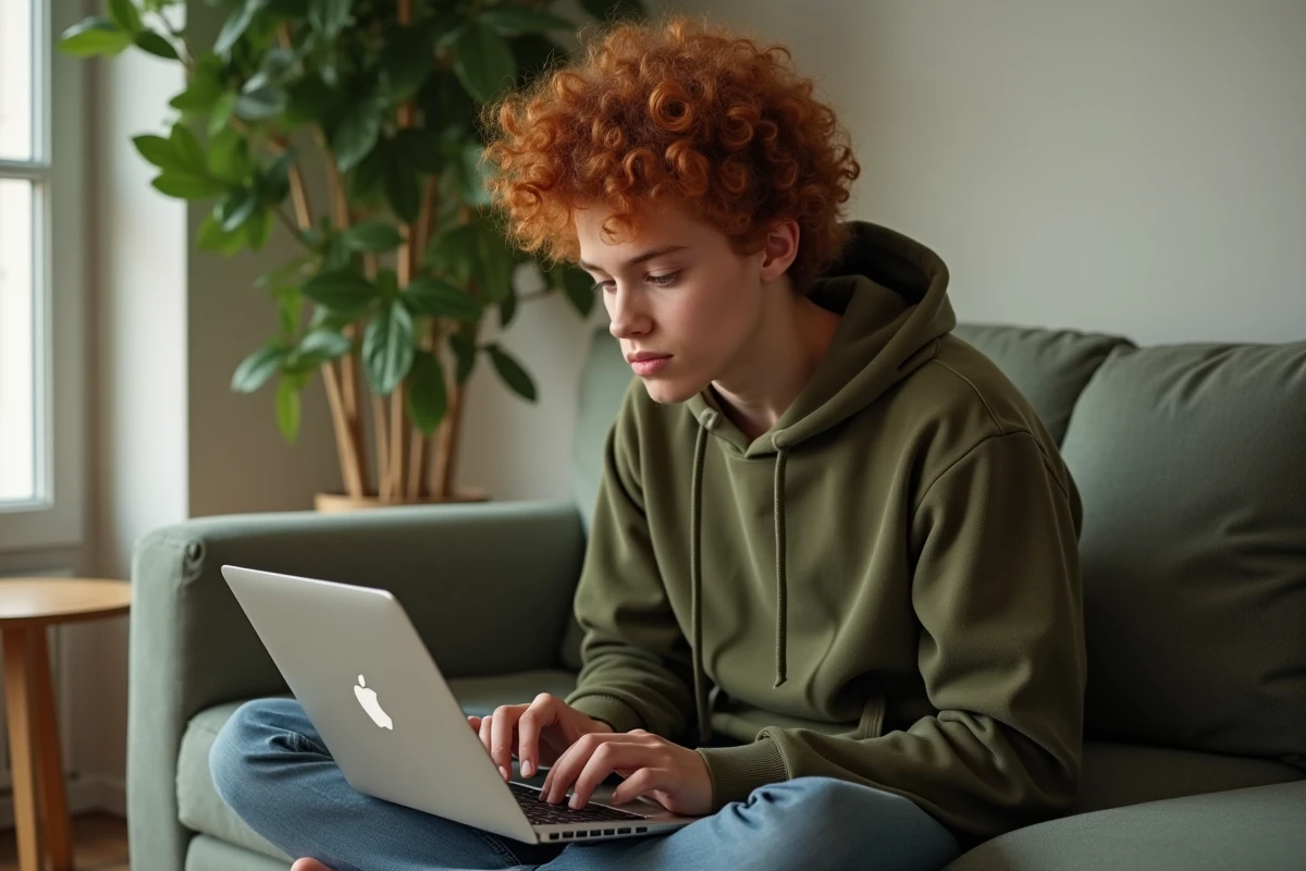 Jeune personne sur un canapé utilisant un clavier AZERTY pour saisir un signe ou caractère spécial
