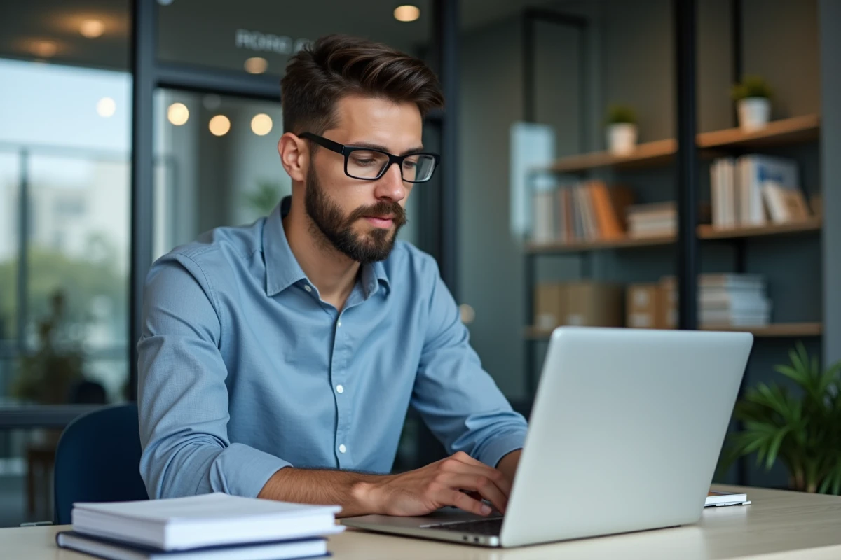 Jeune homme professionnel travaillant sur SEO dans un bureau moderne