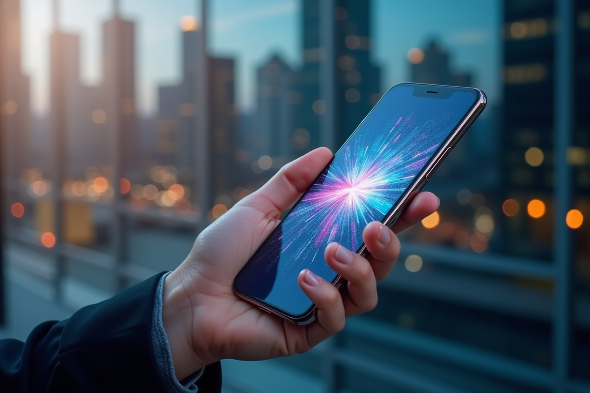 Jeune professionnel avec smartphone et graphiques AI