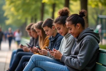 Groupe d'ados assis sur un banc dans un parc urbain
