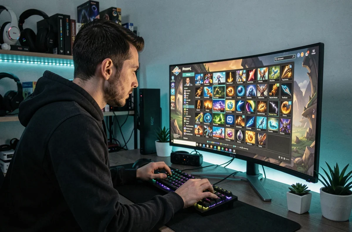 Joueur concentré configurant un loot filter avancé sur un écran d'inventaire RPG dans un setup gaming à domicile