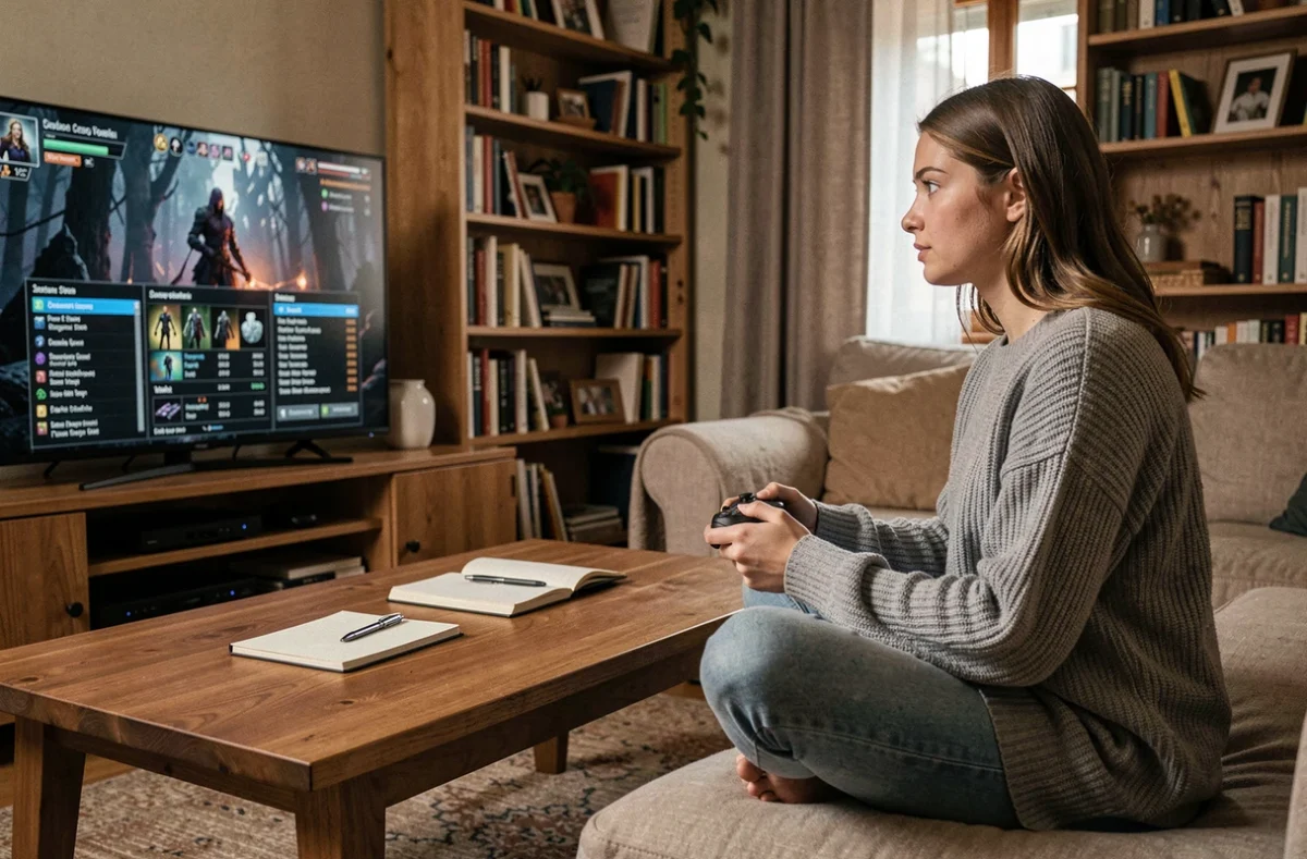 Joueuse débutante explorant les mécaniques de build sur Path of Exile 2 depuis son salon confortable