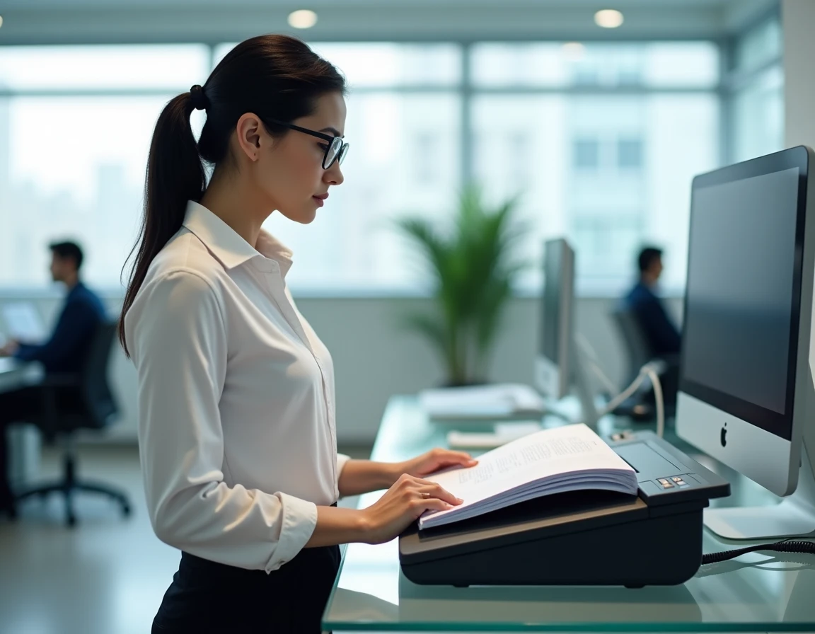 Juriste numérisant des dossiers légaux avec un scanner professionnel pour conversion OCR en PDF consultable
