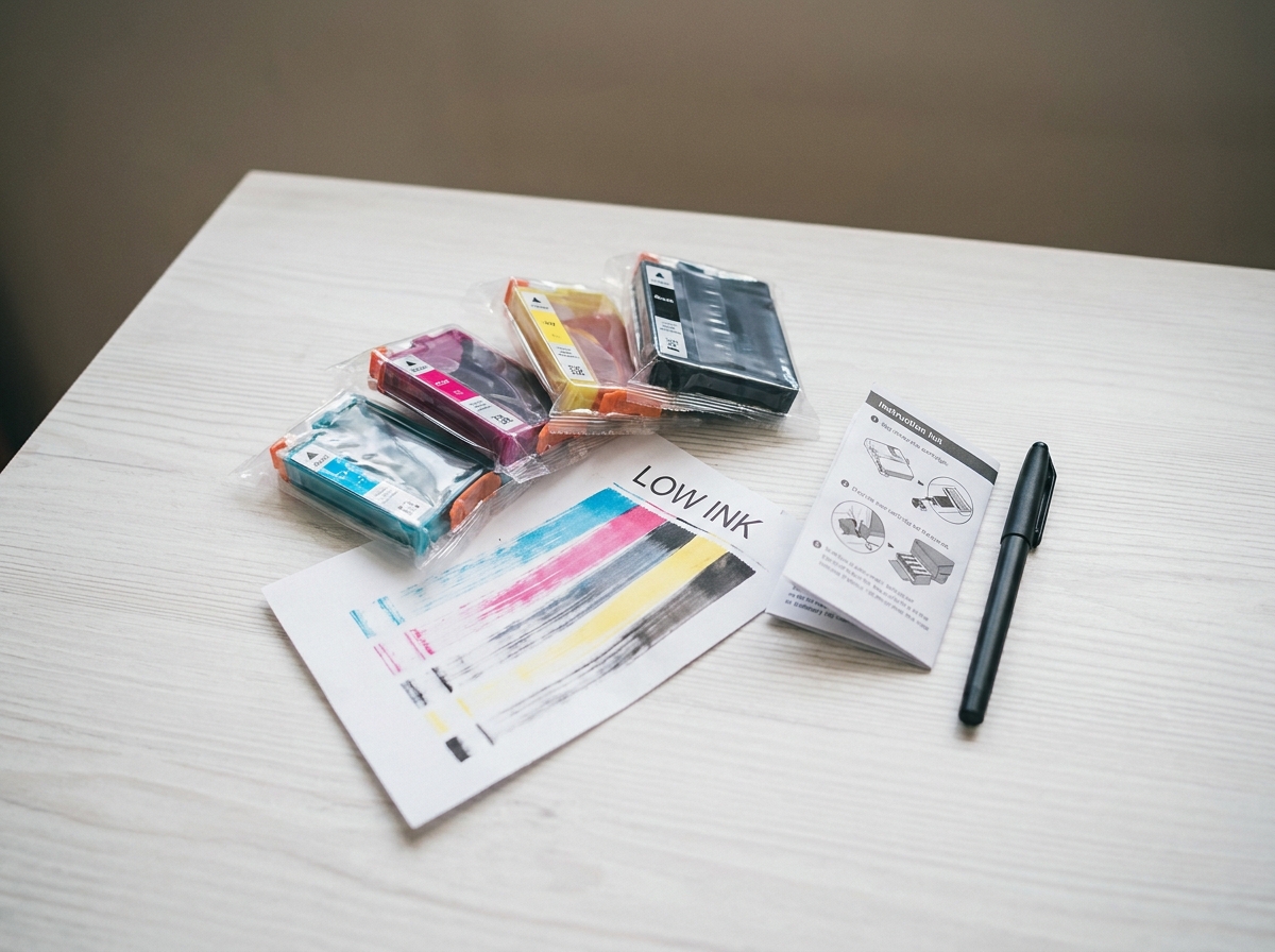 Vue du dessus d'un kit de remplacement de cartouches d'encre avec page de test imprimée sur une table blanche