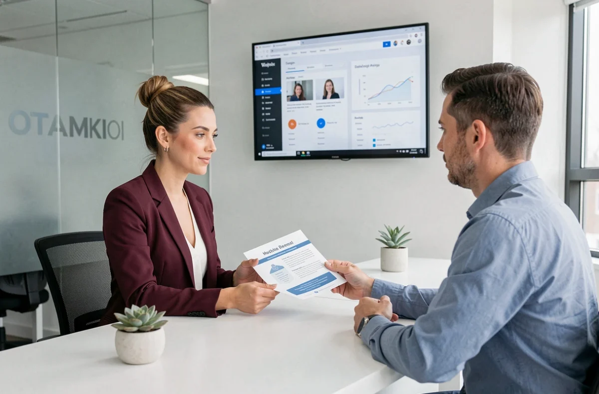 Consultante de Linkeo Montpellier présentant une stratégie digitale WordPress à un client dans un bureau corporate
