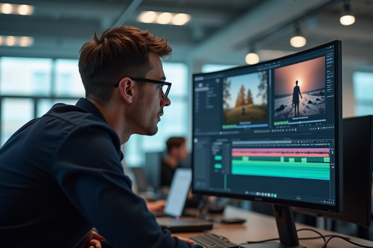 Professionnel utilisant un logiciel de montage vidéo pour convertir des fichiers en format MP4 avec pistes audio et sous-titres