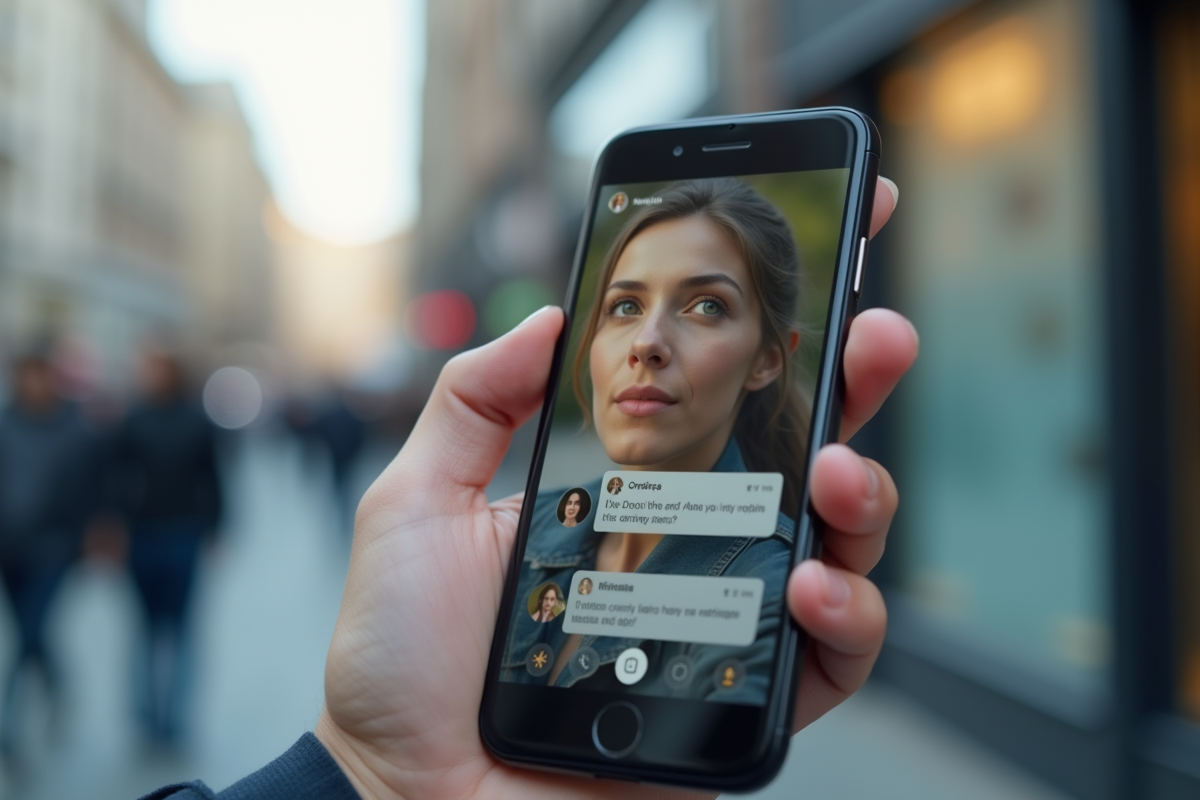 Main tenant un smartphone avec notifications de likes et commentaires