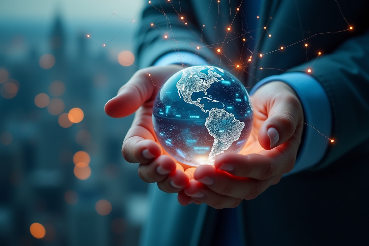 Mains tenant un globe avec lignes de réseau et IP en l