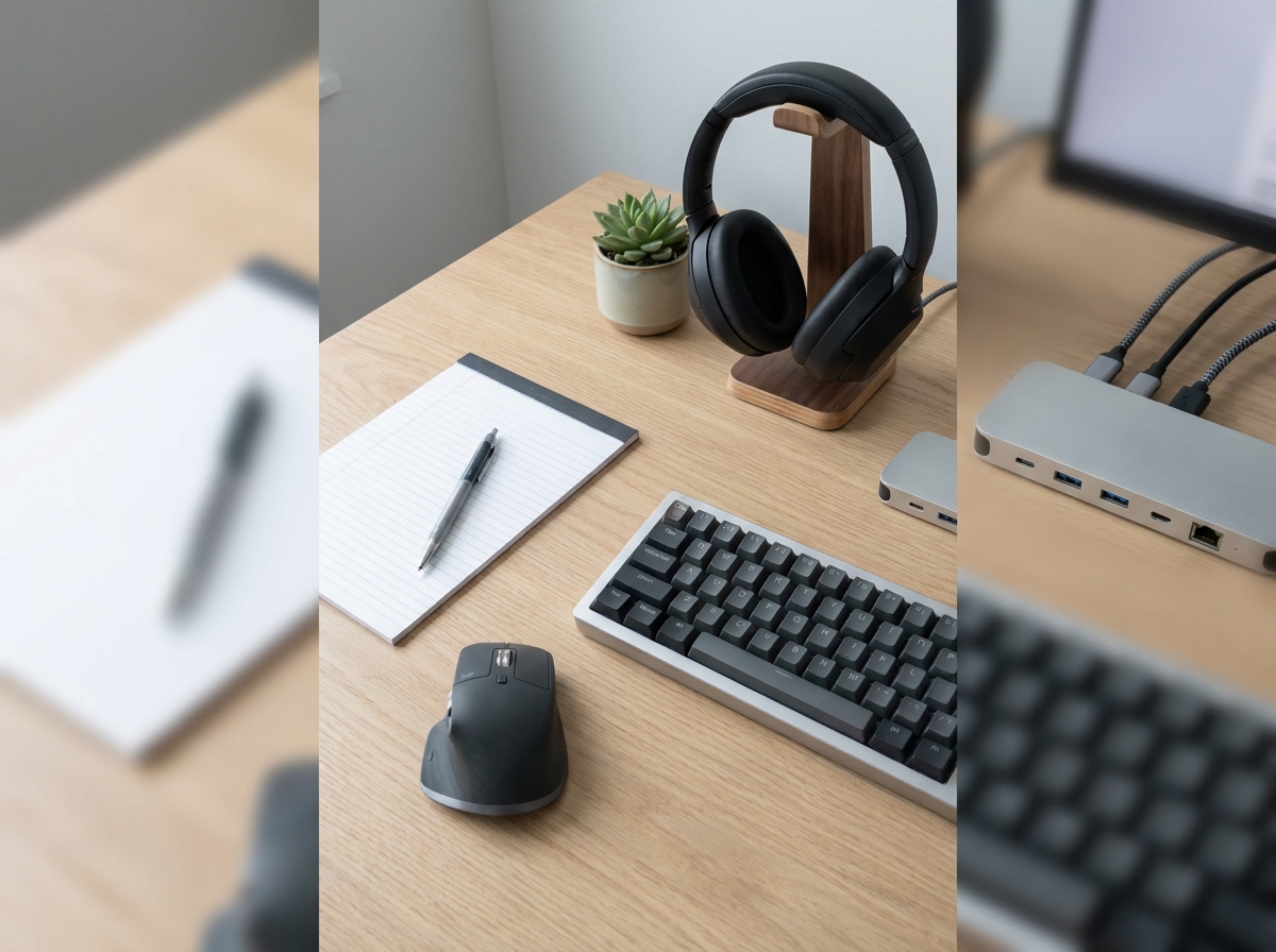 Vue de dessus du matériel indispensable pour le télétravail en home office : casque, clavier, souris ergonomique, station d'accueil et accessoires de bureau
