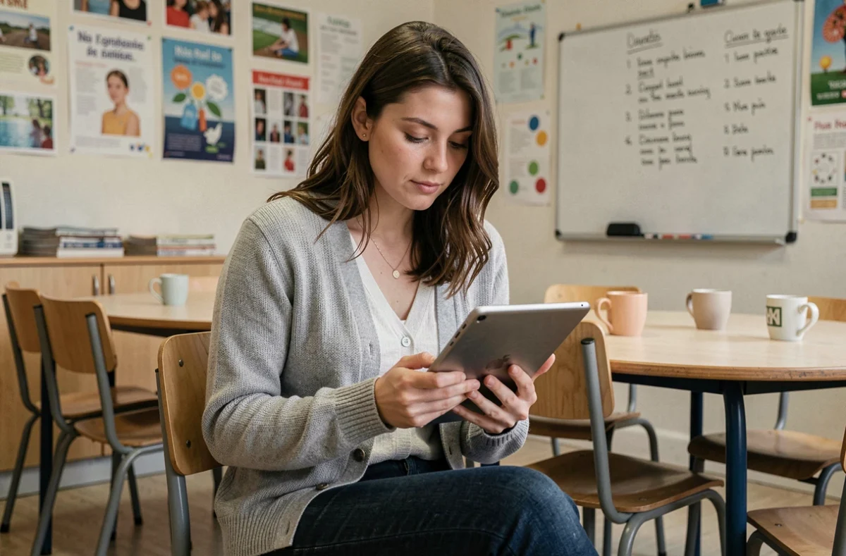 Jeune enseignante vérifiant sa messagerie Dsden19 sur une tablette dans la salle des professeurs d'un établissement scolaire