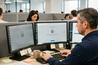 Technicien informatique face à un message d'erreur de mise à jour Google bloquée par l'administrateur sur un ordinateur de bureau en entreprise