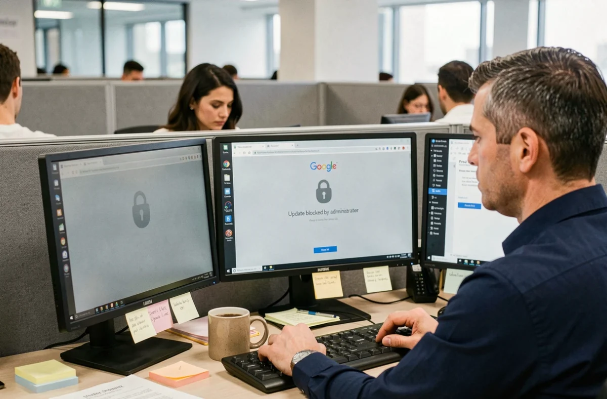 Technicien informatique face à un message d'erreur de mise à jour Google bloquée par l'administrateur sur un ordinateur de bureau en entreprise