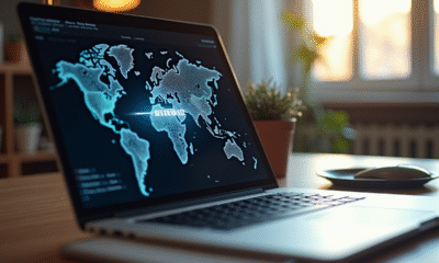 Ordinateur portable sur bureau avec carte IP affichée