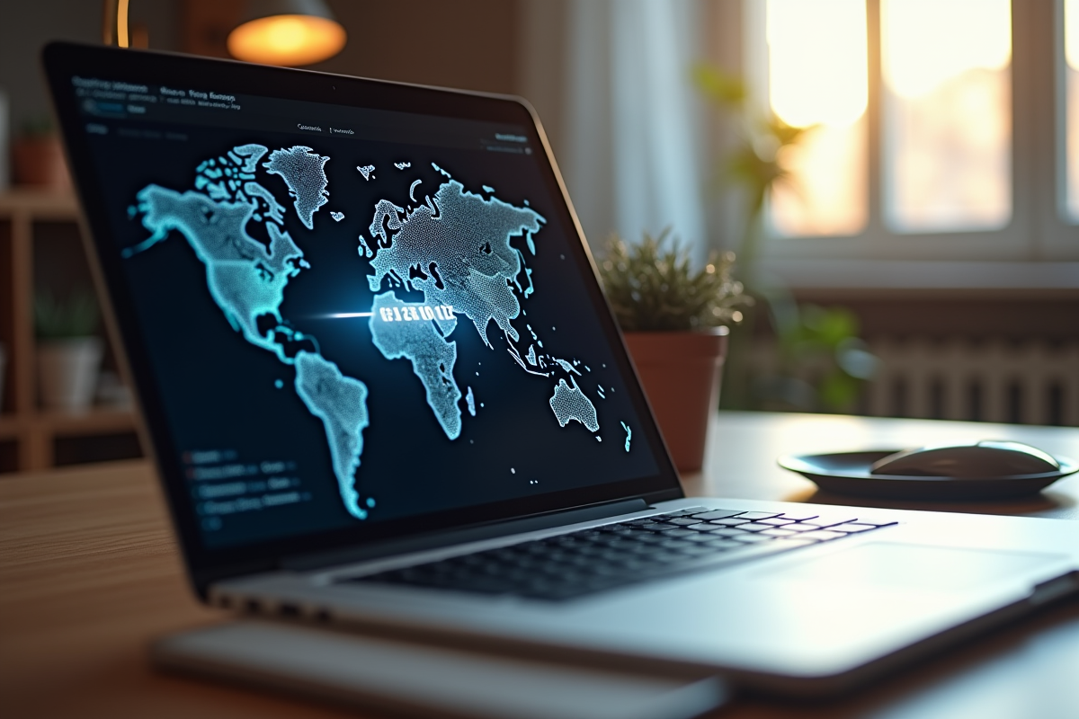 Ordinateur portable sur bureau avec carte IP affichée