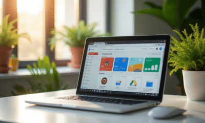 Ordinateur portable affichant Google Trends dans un bureau lumineux