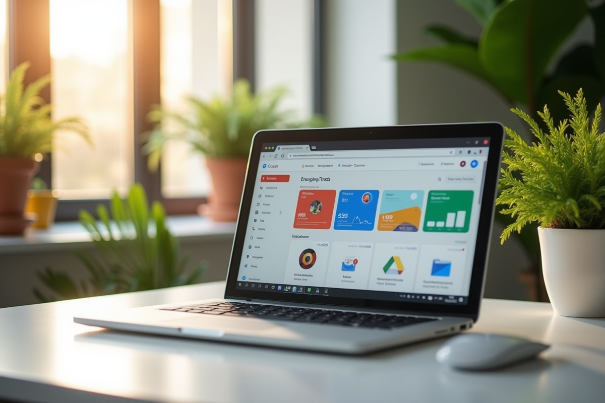 Ordinateur portable affichant Google Trends dans un bureau lumineux