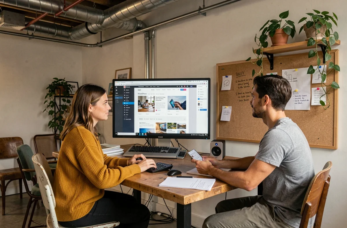 Deux collaborateurs d'Osmova discutant d'un thème WordPress personnalisé dans un studio créatif décontracté