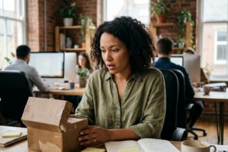 Une femme découvrant un outil de support inattendu dans un bureau moderne et chaleureux