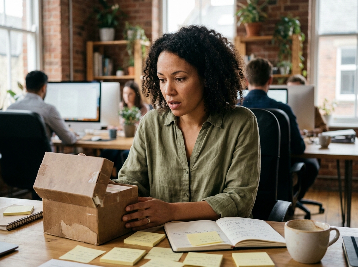 Une femme découvrant un outil de support inattendu dans un bureau moderne et chaleureux