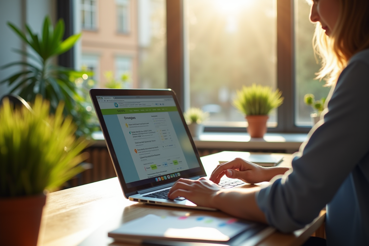 Personne travaillant sur un ordinateur portable avec des notes SEO