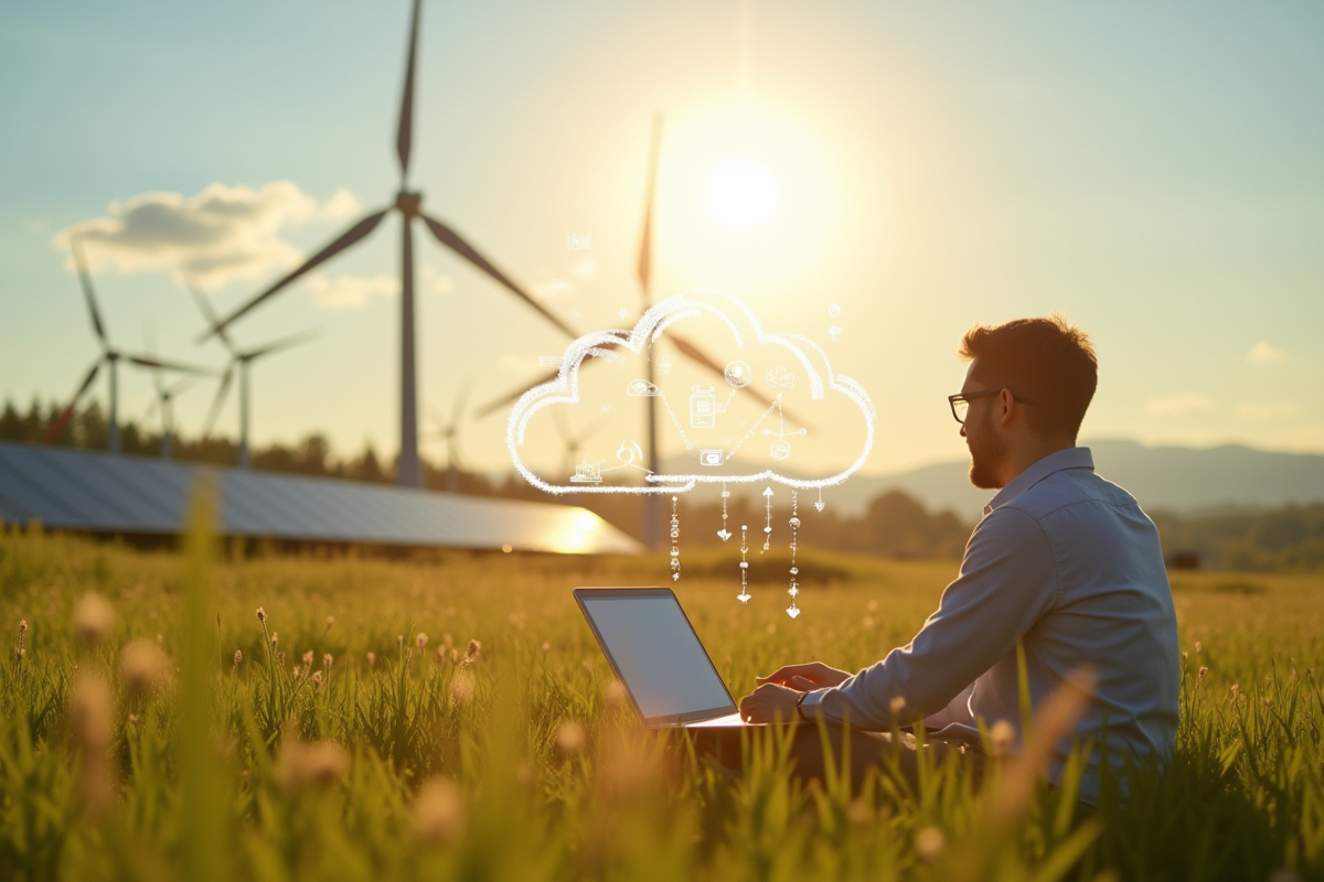 Personne utilisant un ordinateur portable dans une prairie ensoleillee avec icônes nuage