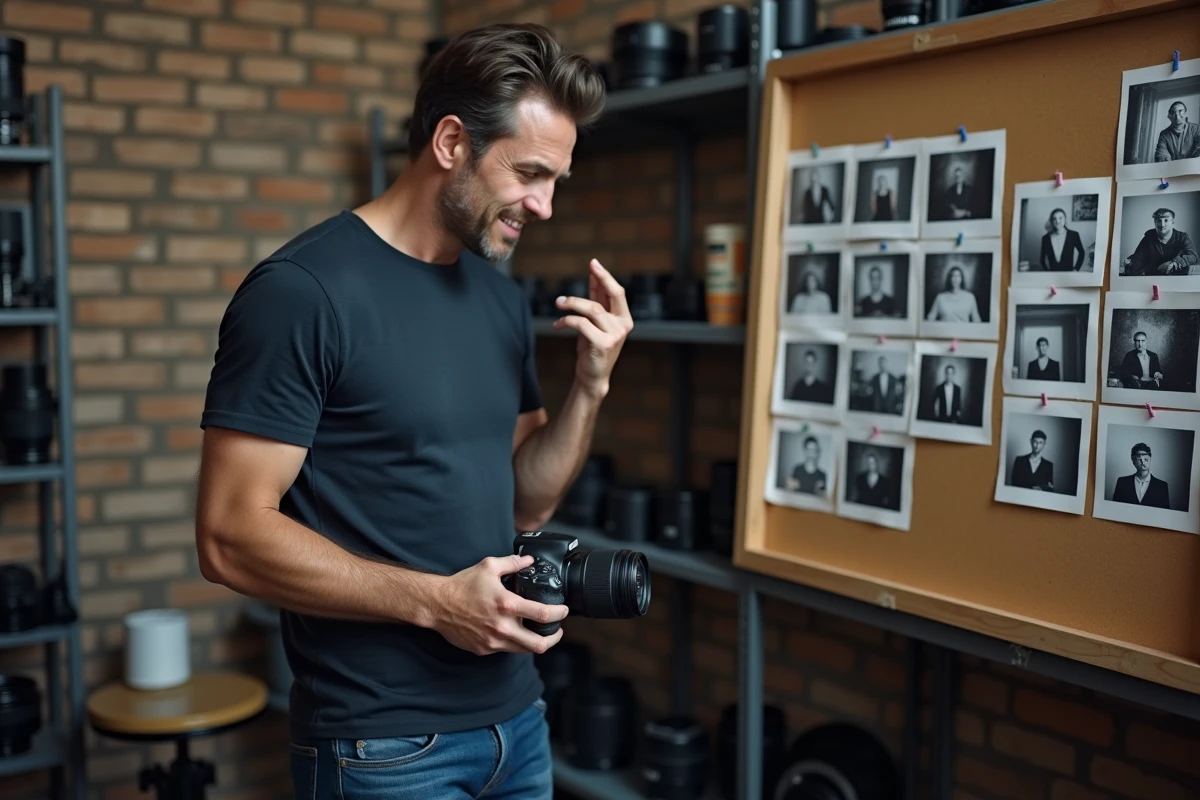 Photographe débutant examinant des erreurs d'images sur un tableau de contact imprimé dans un studio photo