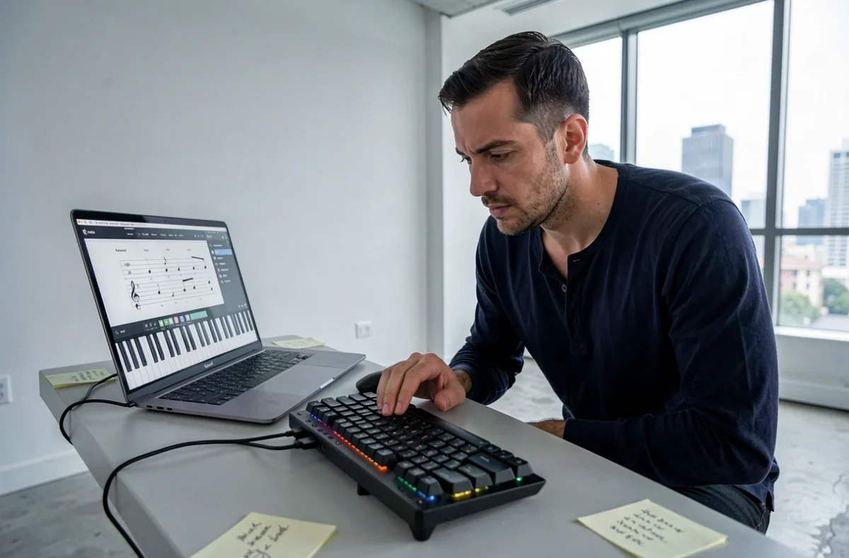 Homme utilisant un clavier AZERTY mécanique pour jouer d'un piano virtuel sur ordinateur portable dans un bureau moderne