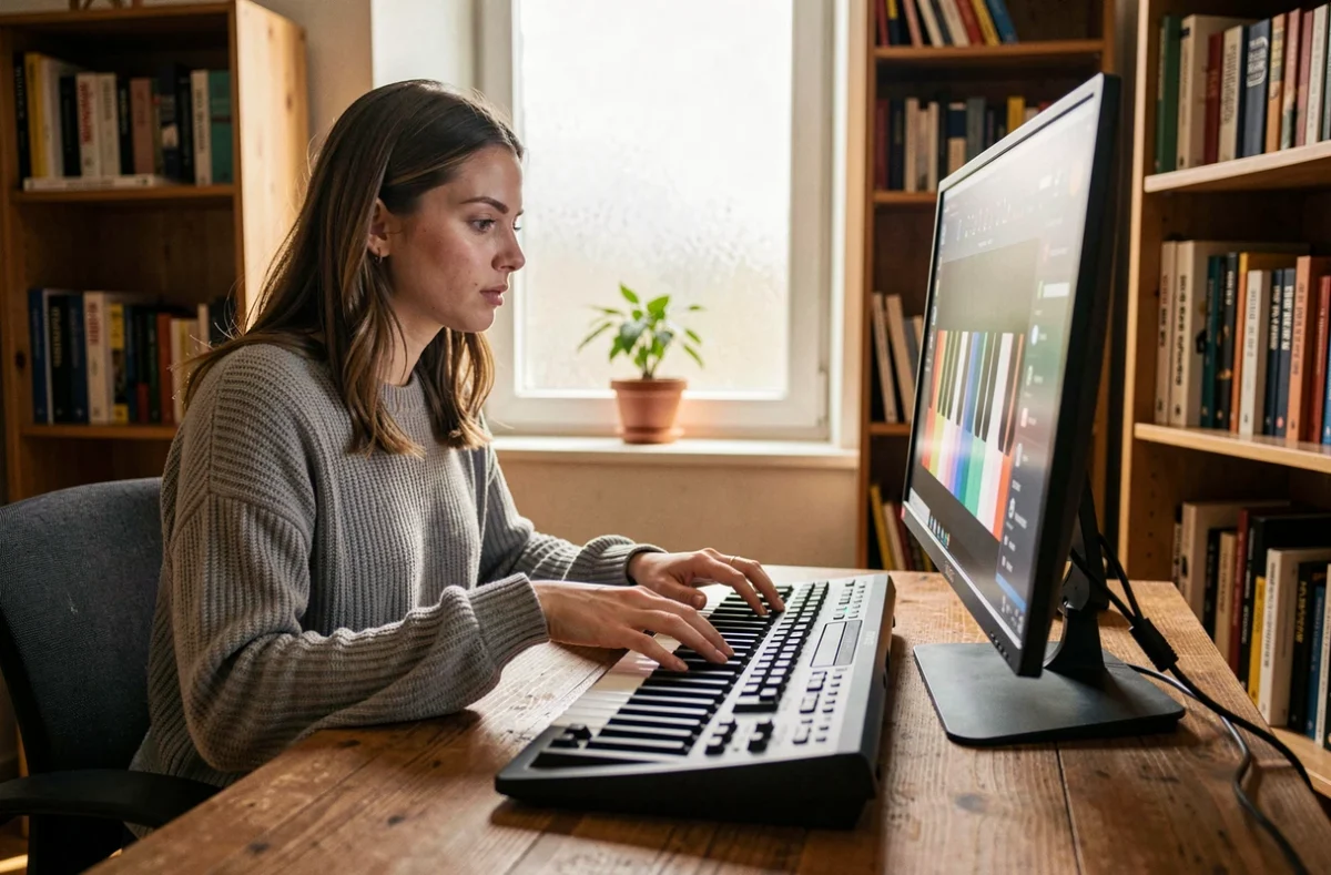 Jeune femme pratiquant le piano virtuel sur clavier AZERTY devant un ordinateur dans un studio à domicile