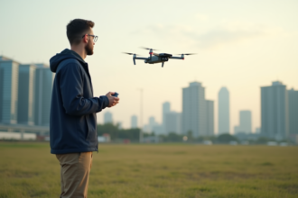 Jeune homme pilote drone dans un champ urbain