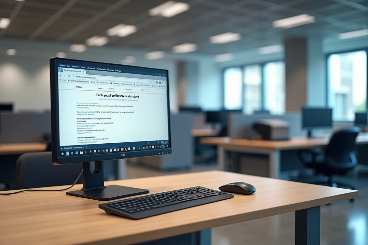 Poste de travail avec double écran affichant un avertissement de sécurité URL masquée dans un bureau professionnel