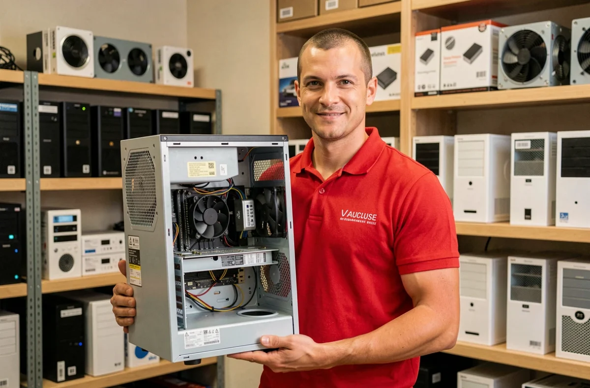 Technicien de POWER Informatique dans le Vaucluse tenant un ordinateur de bureau refurbishé ouvert