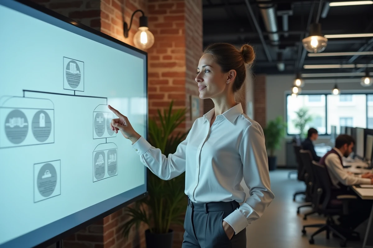 Femme cadre présentant un diagramme de structure d'entreprise Dell dans un bureau moderne avec écran numérique