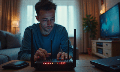 Homme dépannant un routeur internet moderne en salon lumineux