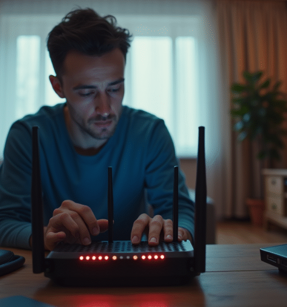Homme dépannant un routeur internet moderne en salon lumineux